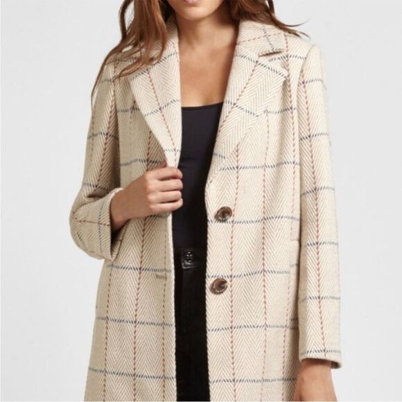 Sam Edelman Jackets & Blazers - SAM EDELMAN Coat Womens Sz 4 Beige Wool Plaid Single Breasted Walker Pea Jacket